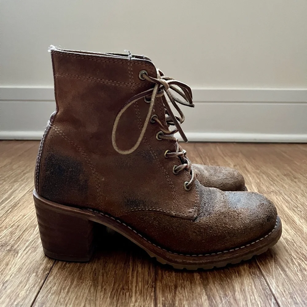 Frye Sabrina 6G Brown Distressed Suede Wood Heel - Picture 4 of 9